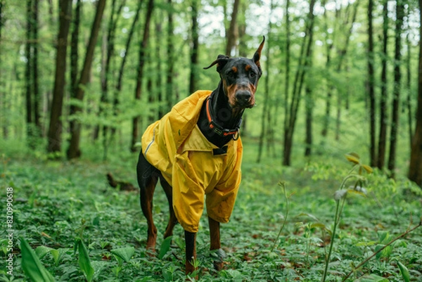 Fototapeta portrait of cute doberman dog wearing yellow rain jacket in the forest