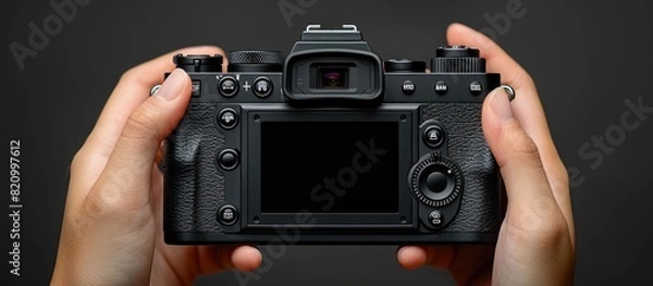 Fototapeta close up of hand holding modern digital black camera, with blank screen as background