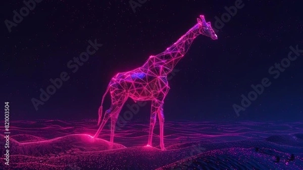 Fototapeta A Hot Magenta glow Giraffe silhouette in a nightscape, bold outline, energycharged luminous pointillism, wireframe, tenebrism mastery style, UHD 8k, Unreal Engine 5