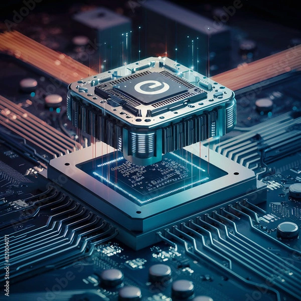 Obraz A processor unit that uses artificial intelligence. Powerful Quantum AI component on PCB motherboard with data transfers.