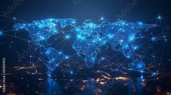 Fototapeta Abstract digital art piece showcasing a global network, with a map of the world illuminated by interconnected nodes and lines. Vibrant color palette of blue and orange.