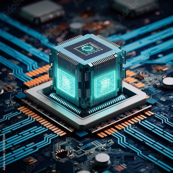 Obraz Futuristic central processor unit. Powerful Quantum CPU on PCB motherboard with data transfers