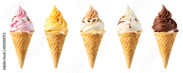 Fototapeta Five colorful soft-serve ice cream cones in waffle cones, featuring flavors like bubblegum, mango, cotton candy, strawberry, and chocolate