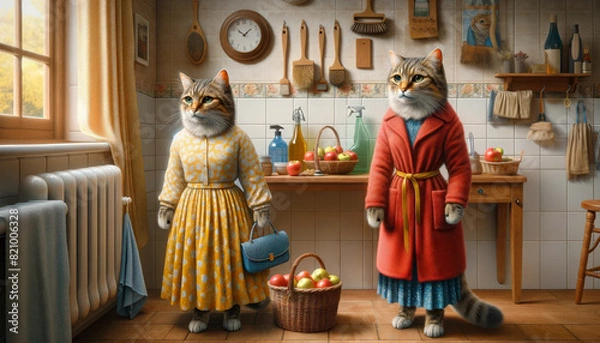 Fototapeta Two Cats Dressed in Human Clothes in a Kitchen, Created with Generative AI Technology