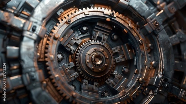 Fototapeta Closeup of the gear portal in an industrial engine, with visible gears and machinery, creating an immersive atmosphere.
