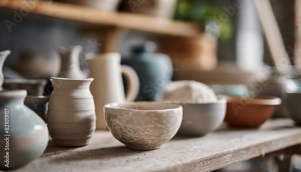 Obraz ceramic piece with various blurred ceramics in the background on a shelf, highlighting intricate textures and craftsmanship in a pottery studio