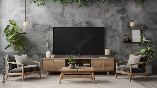 Obraz Modern interior, concrete wall with mock up black screen TV on wooden cabinet near armchairs and coffee table, gray walls, green plant in vase, minimalistic home decor
