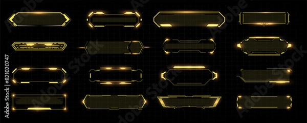 Fototapeta Futuristic HUD Interface Elements - Neon Yellow Glowing Frames on Black Background. Digital Sci-Fi Panels for UI Design in Vector illustration
