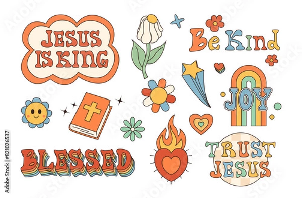 Obraz Retro 70s set of Christian stickers isolated on transparent background. Lettering. Bible, rainbow, daisy flower, sun, flower. Christian symbols. Vector Illustration nostalgia.