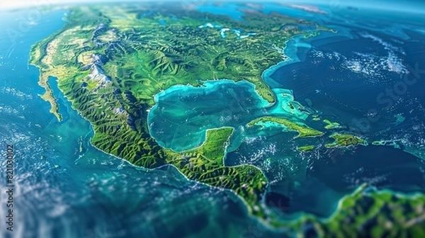 Fototapeta physical map of central america and caribbean flattened satellite view of planet earth and its topography elements of this image furnished .stock image