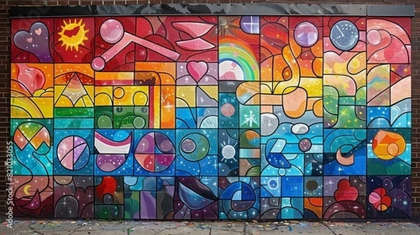 Fototapeta A community mural depicting various LGBTQ+ symbols, including the rainbow flag, transgender flag, and non-binary symbols, highlighting the beauty of gender diversity and artistic