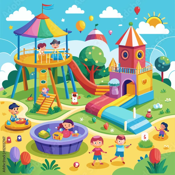 Fototapeta Whimsical children's playground scenes in bright, cheerful colors.1