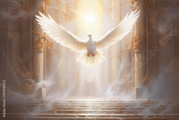 Fototapeta A tranquil painting depicting a dove at the holy gates of heaven, with light emanating from beyond The artwork uses a soft, harmonious color scheme and delicate brushstrokes to create a peaceful and u