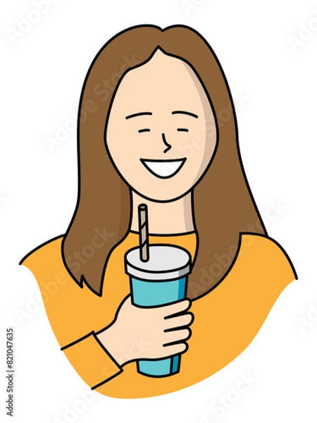 Obraz 紙ストローで冷たい飲み物を飲む若い笑顔の女性