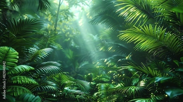 Obraz Tropical Forest Background, Detailed shot of tropical leaves and undergrowth, with sunlight filtering through the canopy, casting dappled light on the forest floor. Illustration image,
