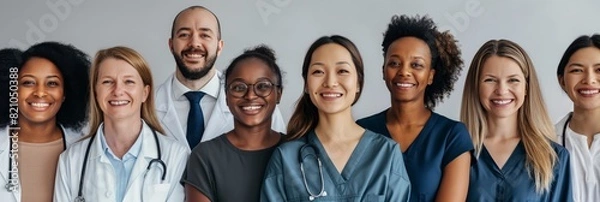 Fototapeta A diverse group of healthcare workers standing together, showcasing professionalism and unity