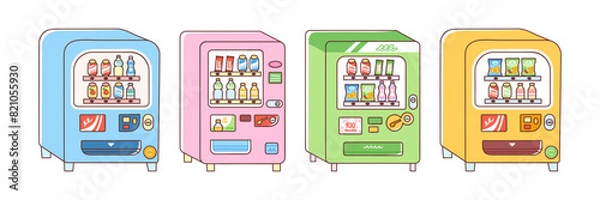 Obraz Colorful vending machines set. Vector illustration of cute automated machines selling snacks and drinks like soda, juice, chips and chocolate. Trendy flat style. Isolated elements on white background.