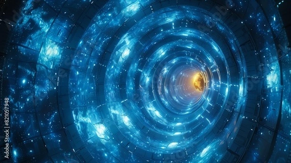 Fototapeta Abstract blue and yellow swirling tunnel with light at the end.
