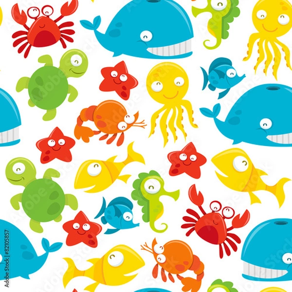 Obraz Happy Silly Cute Sea Animals Seamless Pattern Background