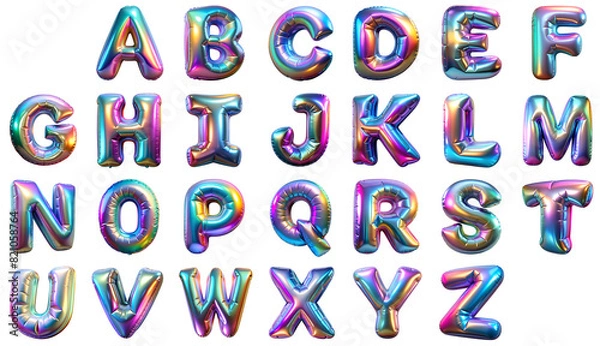 Fototapeta Alphabet in the shape of 3D balloons with a glossy holographic finish in vibrant colors on a transparent background.