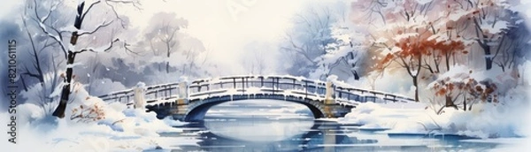 Fototapeta Beautiful winter landscape featuring a snow-covered bridge over a serene river, surrounded by frosted trees and a peaceful ambiance.