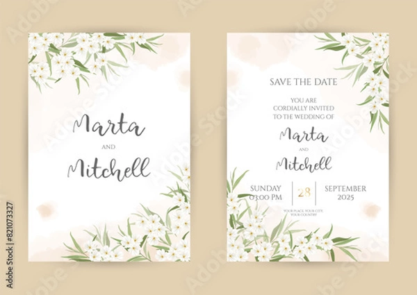 Fototapeta Herbal selection vector frames. Hand painted branches, leaves on white background. Greenery wedding simple minimalist invitations. Watercolor style cards.