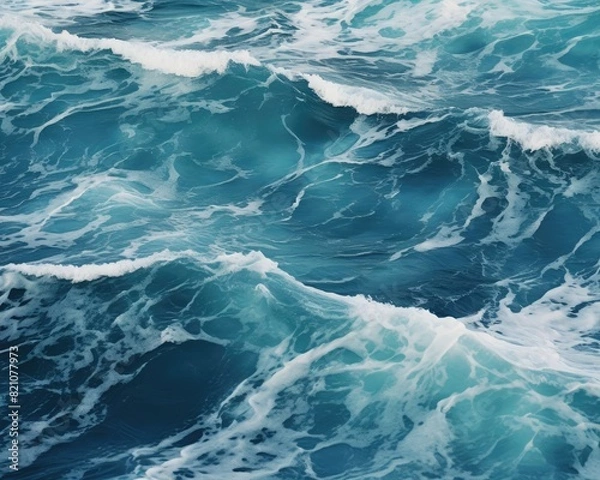 Fototapeta Vibrant ocean waves crashing and swirling, creating a mesmerizing pattern of blue and white seafoam on a sunny day at the coast.