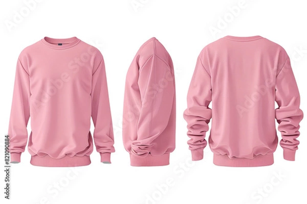 Fototapeta Pink sweater from the front, back, and side. A mockup of a pink t-shirt on a transparent background.
