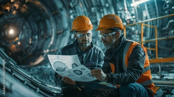 Fototapeta Architect and construction worker on a futuristic space station, reviewing technical blueprints for spaceship assembly.