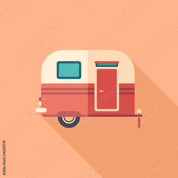 Obraz Travel trailer flat square icon with long shadows.
