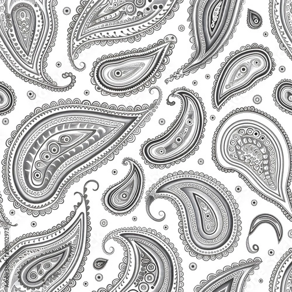 Fototapeta A black and white paisley patterned design with a white background