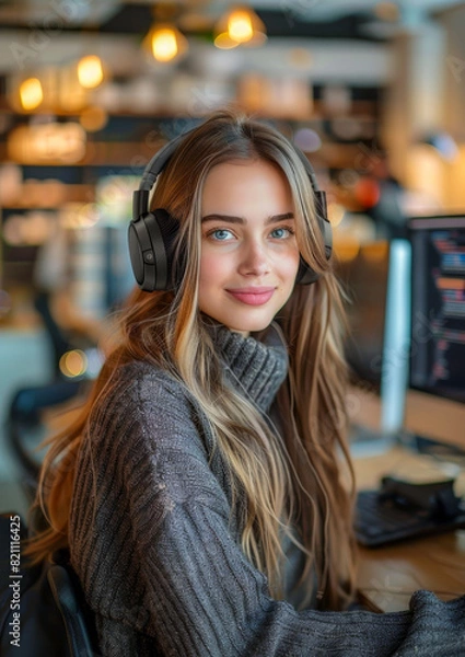 Fototapeta young woman working as a telephone operator in a company, sweet and smiling. 