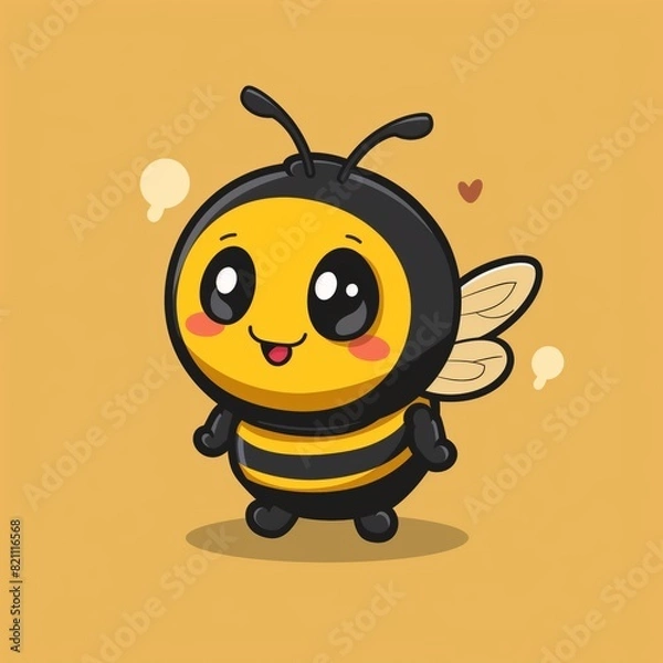 Fototapeta Adorable illustrated cartoon bee with a big smile and rosy cheeks, on a yellow background