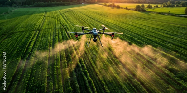 Obraz Modern technologies agriculture.  industrial drone flies over green field sprays useful pesticides