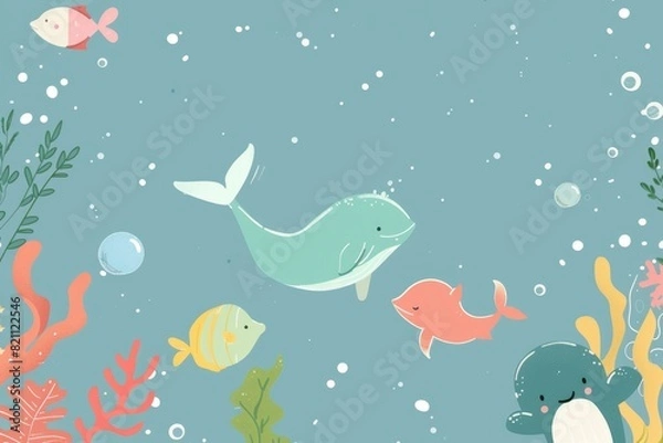 Fototapeta Whimsical Underwater Scene with Playful Whales and Tropical Fish