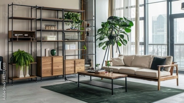 Fototapeta a wooden bookcase in the living room, featuring a harmonious blend of white and green accents, set beside a cozy sofa, boasting a simple yet elegant square design with visible details.