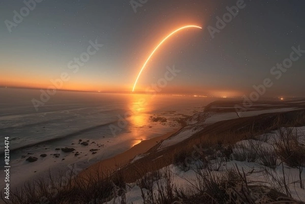 Fototapeta The trajectory of a rocket launch lights up the night sky above a serene beach landscape