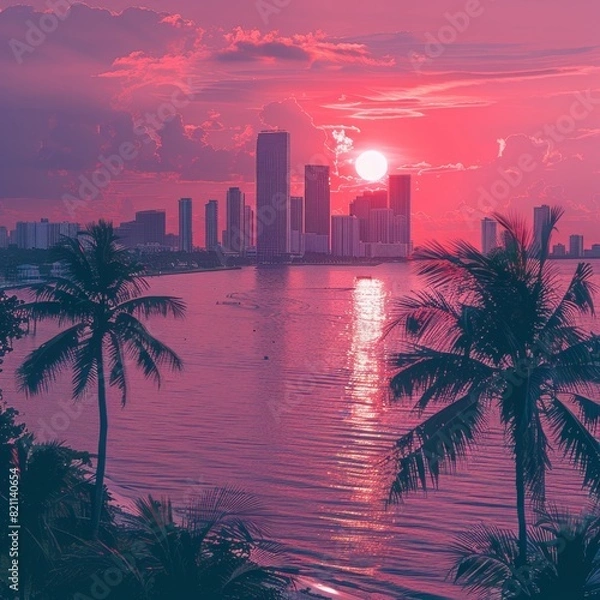 Fototapeta Miami Skyline in Retrowave Pastel Colors Against Warm Sunset

