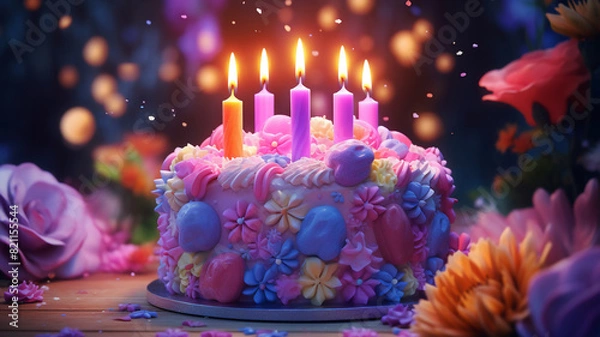Fototapeta A birthday cake with flower decorations and colorful candles and a hearts of light on the background