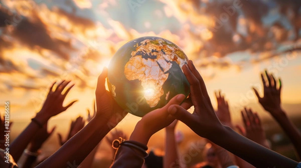 Fototapeta A group of diverse hands holding up a globe against a dramatic sunset sky, symbolizing global unity and hope