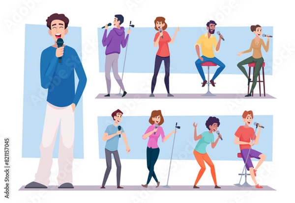Fototapeta Standup comedy. Open mic joking show comedian characters in club stage exact vector cartoon illustrations
