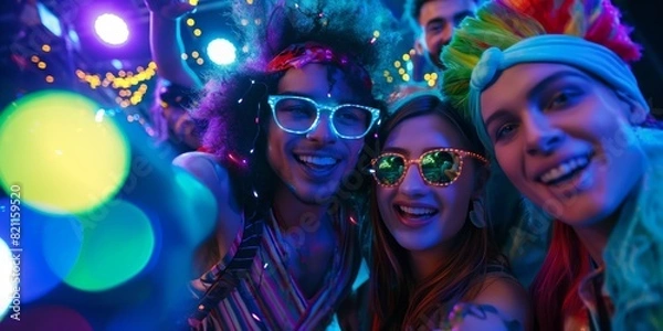 Fototapeta A group of young adults wear colorful costumes and glasses, enjoying a festive atmosphere with lights