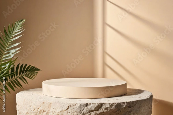 Fototapeta Premium quality Minimal product display neutral beige color shadows and podium background. 3d rendering, Ai Generative