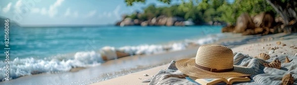 Obraz Close-up of a sunhat and a book on a beach towel, clean and relaxing summer scene