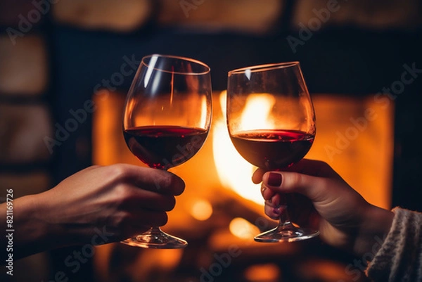 Fototapeta two people hands toasting with red wine glasses during a party at home with a fireplace background at night, a happy celebration concept