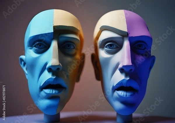 Fototapeta Surreal Duality: Abstract Disfigured Heads of Two Men in Thought-Provoking Composition