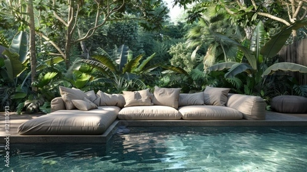 Fototapeta sofa, pillows, pool in a quiet and natural environment generative ai