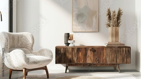 Fototapeta Scandinavianinspired living room featuring a plush armchair and sleek cabinet bright and airy neutral tones