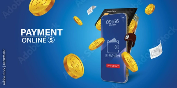 Obraz digital wallet application on mobile.Mobile design concept is an online wallet with coins, banknotes and credit cards inside all on blue background.Online digital wallet via smartphone application.