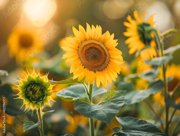 Fototapeta Enchanting Field of Sunflowers in Golden Sunlight: Captivating Fully Bloomed Sunflower with Radiant Yellow Petals and Serene Summer Atmosphere with Lush Greenery - Dreamy Nature for Seasonal Growth